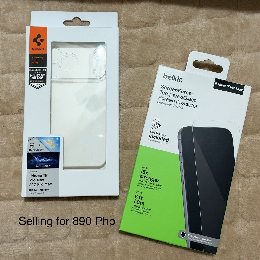 Spigen phone case and Belkin Screen Protector for iPhone 18 Pro Max (Category: Cases & Sleeves) located in Manila. Submitted by tellemjayewolf (Listing ID 1468900346, Image 1). Description: - Brand: Spigen (Ultra Hybrid Case) & Belkin (ScreenForce Tempered Glass) - Compatibility: iPhone 18 Pro Max / 17 Pro Max - Condition: Brand new in box - Case Features: Military-grade drop protection, crystal clear, slim design with AirCushion technology - Scr