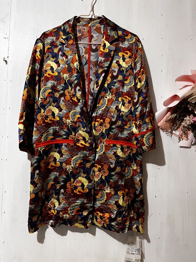 Spring+ Colorful Patterned Blazer Jacket (Category: Coats, Jackets and Outerwear) located in Caloocan City. Submitted by clscloset.621 (Listing ID 1468811634, Image 1). Description: - Brand: Spring+ - Condition: Brand new with attached tags and spare button pouch - Design: Eye-catching multi-color pattern in red, blue, and gold tones - Details: Chic red piping along the lapel and pocket edges - Fit & Style: Open-front style with trendy half-lengt