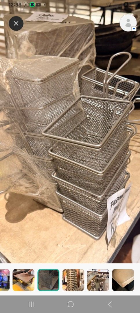 Stainless Steel Mini Fry Baskets Presentation Set (Category: Cookware & Accessories) located in Las Pinas. Submitted by jesus1smysavi0r (Listing ID 1468744564, Image 1). Description: - Material: Durable stainless steel mesh - Perfect for serving fries, appetizers, and side dishes at home or parties - Features sturdy wire handles for easy serving - Reusable and easy to clean - Condition: Brand new with some pieces still in original protective plas