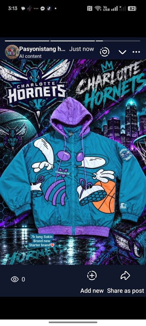 Starter Charlotte Hornets Puffer Jacket (Category: Coats, Jackets and Outerwear) located in Pandi. Submitted by yanyan_apparel.store08 (Listing ID 1468893204, Image 1). Description: - Brand: Starter - Team: Charlotte Hornets - Colorway: Iconic teal and purple - Design: Bold embroidered mascot graphic on front with embroidered orange basketball detail - Features: Full zip closure, attached hood with drawstrings, ribbed cuffs and hem - Material: He