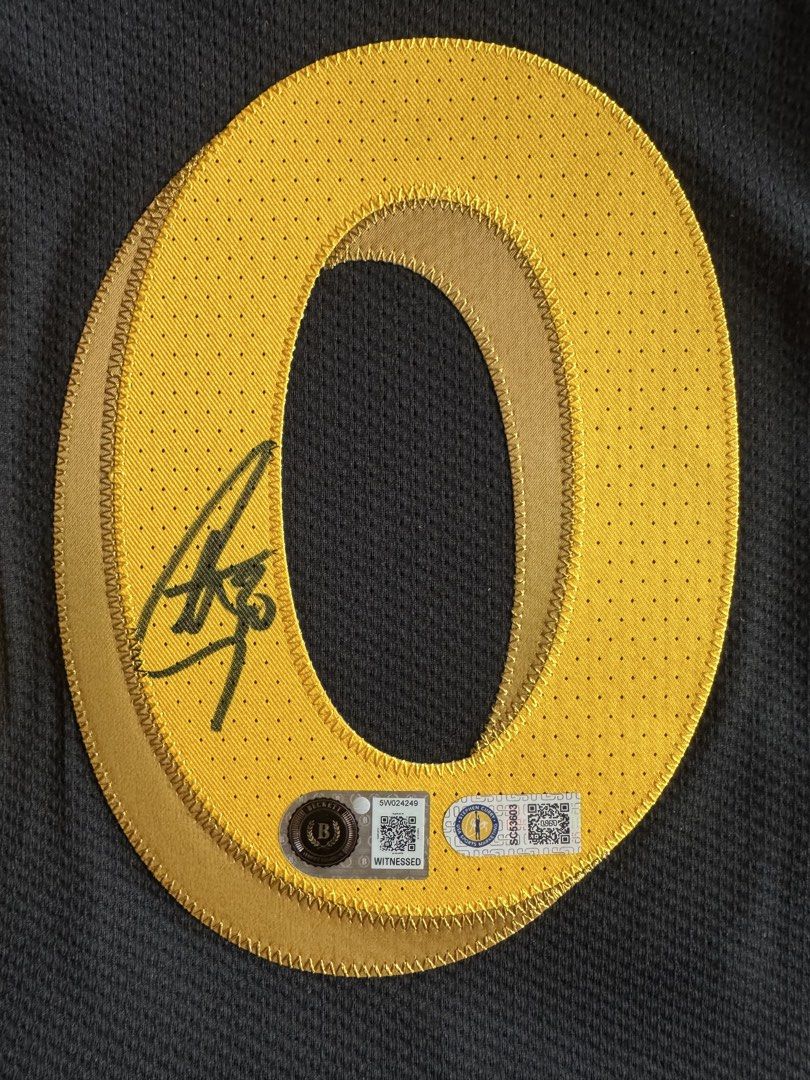Stephen Curry Golden State Warriors Signed Jersey Size 48 (Category: Activewear) located in Manila. Submitted by inventorey (Listing ID 1468737865, Image 2). Description: - Authentic Stephen Curry signed Golden State Warriors San Francisco city edition jersey (Black & Yellow) - Size 48 (fits like a men's large) - Autographed on the back number 30 graphic - Includes official Beckett witnessed hologram for authentication and USASM - Premium Nike Dr
