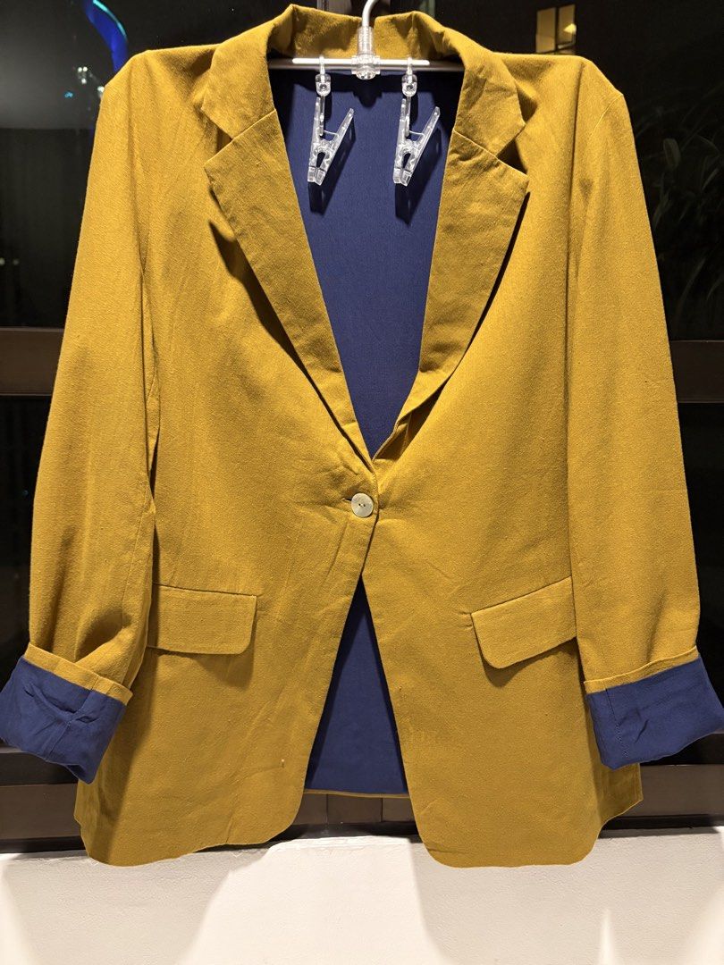 Studio Lourdes Linen Blazer (Category: Coats, Jackets and Outerwear) located in Taguig. Submitted by loise001_of_rewear (Listing ID 1468843310, Image 2). Description: Studio Lourdes light linen blazer in mustard yellow with contrasting navy lining. Functional front pockets. Mother of pearl button. Perfect for Philippine weather. Size S. Fits US 0-4 depending on the type of fit desired. No returns or exchanges. Please feel free to ask questions be