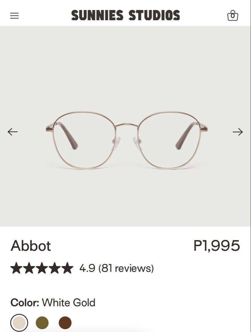 Sunnies Studios Abbot White Gold Glasses - with Hard Case (Category: Sunglasses & Eyewear) located in Pasay City. Submitted by maxsell (Listing ID 1468785685, Image 1). Description: - Brand/Model: Sunnies Studios Abbot frames - Color: White gold - Shape: Classic round - Features: Adjustable nose pads, lightweight metal construction, and acetate temple tips - Inclusions: Original lenses included - Condition: Super versatile daily pair - Retail Pri