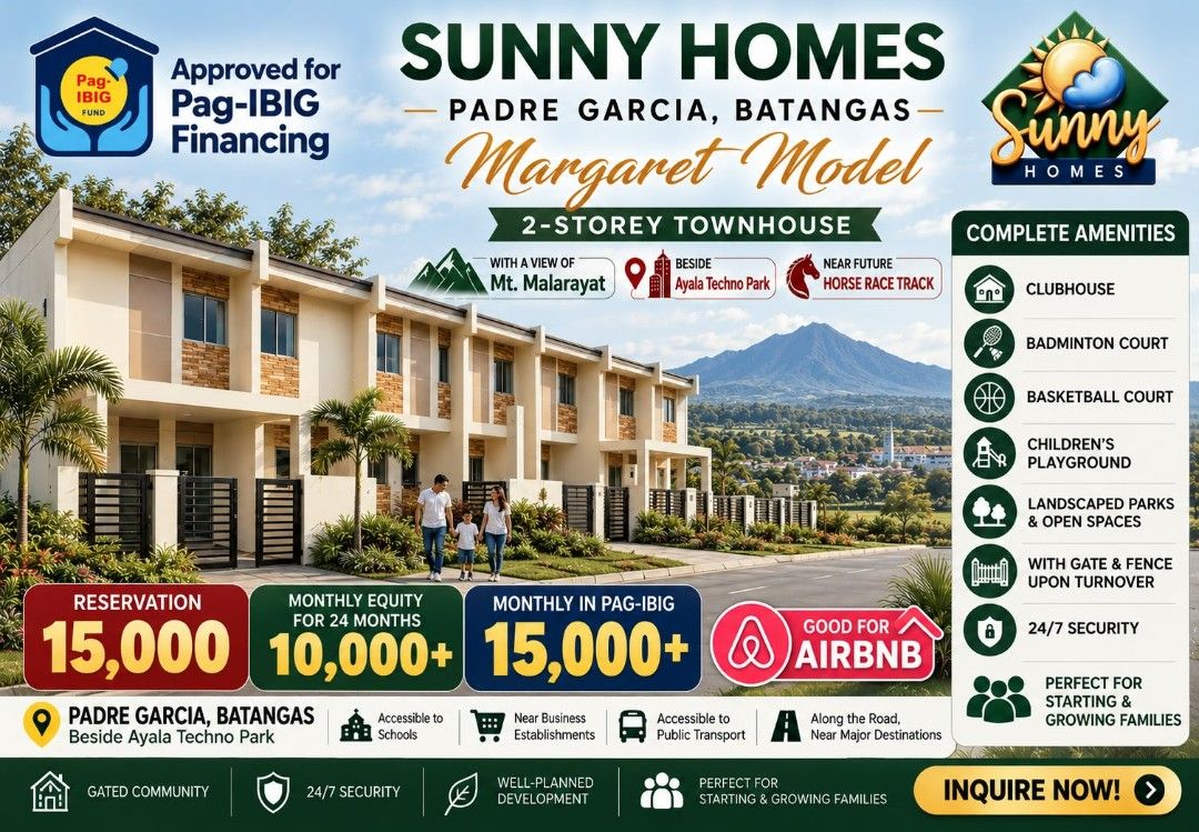 Sunny Homes beside Ayala Technopark (Category: House & Lot) located in San Pablo. Submitted by girlie-acedilloarevalo1987 (Listing ID 1468731521, Image 1). Description: 🌿 Sunnyhomes🌿 2 Storey Townhouse, with gate & fence upon turn-over Brgy. Banay-banay, Padre Garcia, Batangas, Beside soon to launch Ayala Technopark and TR4 DSHUD Provisional LTS No. 679, Economic LTS No. 680 💸15k to Reserve (Economic) (Economic) 10℅ Stretched Downpayment in 24