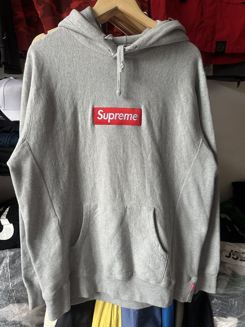 Supreme Box Logo Hooded Sweatshirt Grey XLarge (Category: Hoodies) located in Mandaluyong City. Submitted by nielc02 (Listing ID 1468751015, Image 2). Description: Size: XL Dimes: W25 x L31 Heavy cotton Excellent condition No issue Minimal need wash - Brand: Supreme - Item: Classic Box Logo Hoodie - Color: Grey with Red Logo (White Stitching) - Size: XL - Material: Heavyweight cotton fleece (Made in Canada) - Features: Ribbed side panels, front p