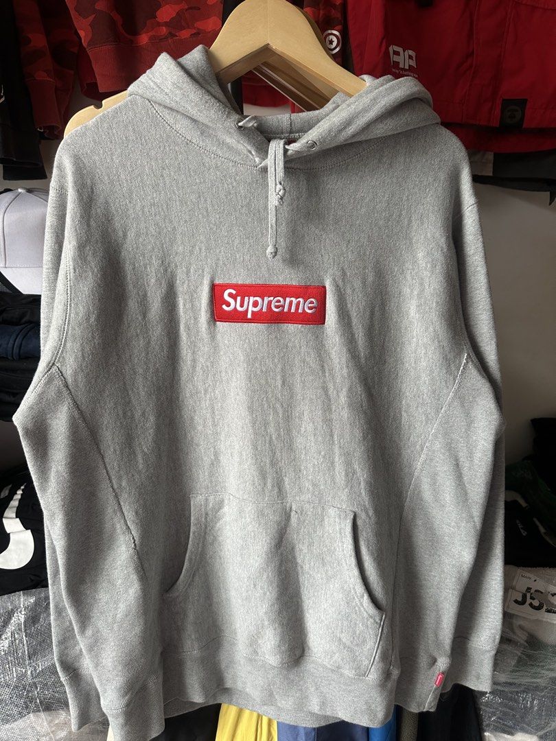 Supreme Box Logo Hooded Sweatshirt Grey XLarge (Category: Hoodies) located in Mandaluyong City. Submitted by nielc02 (Listing ID 1468751015, Image 1). Description: Size: XL Dimes: W25 x L31 Heavy cotton Excellent condition No issue Minimal need wash - Brand: Supreme - Item: Classic Box Logo Hoodie - Color: Grey with Red Logo (White Stitching) - Size: XL - Material: Heavyweight cotton fleece (Made in Canada) - Features: Ribbed side panels, front p