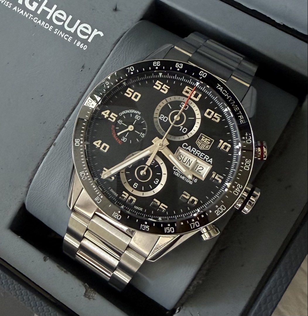 Tag Heuer Carrera Day Date Ceramic (Category: Luxury Watches) located in Quezon City. Submitted by pedro_demain (Listing ID 1468775569, Image 1). Description: Tag heuer Carrera Day Date Ceramic Cv2a1r model 43mm Caliber 16 automatic With box,manual ,card & extra link Local AD 9/10 condition Qc & Bgc area 09955225741.