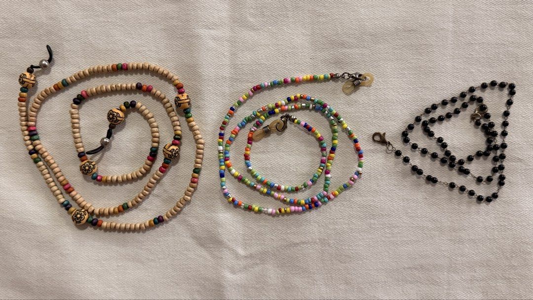 TAKE ALL 3 - Beaded Eyeglasses/Sunglasses Chain (Category: Sunglasses & Eyewear) located in Manila. Submitted by oliviablanche (Listing ID 1468752981, Image 1). Description: TAKE ALL 3 - Perfect for carrying your sunglasses or reading glasses - Cute additional accessory to your outfit - Length [approx]: 1 - 28.5 inches 2 - 26 inches 3 - 20 inches - Vibe: Effortless beach day, coffee run, or festival look - Wear it as a glasses chain or let it dou