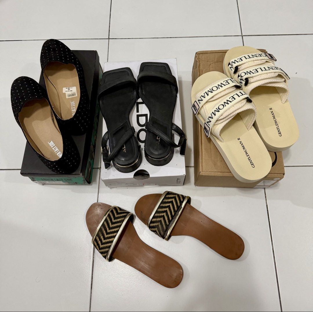TAKE ALL - Assorted womens shoes (Category: Flats & Sandals) located in Pasig City. Submitted by dstarcloset (Listing ID 1468714315, Image 1). Description: TAKE ALL‼️ Assorted shoes slippers size 8.5 - 9 1 - PAYLESS BLACK LOAFER SHOES •Condition: Like new and never been used •Brand: PAYLESS •Size: 8.5 •Color: Black •Material: Suede with silver studs •Inclusions: Original box included •Value: Bought it in mall at ₱1,350 2 - ALDO BLACK SANDALS •Con