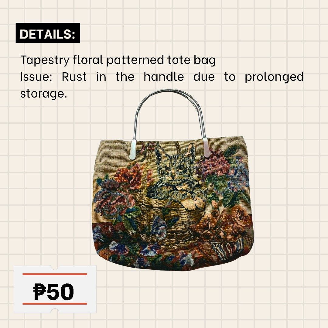 Tapestry floral patterned tote bag (Category: Tote Bags) located in Manila. Submitted by keyshi_20 (Listing ID 1468795025, Image 1). Description: It is a pre loved item that wasn't used for a long time and now we're selling it for a lower price. Buyer will shoulder the shipping fee..