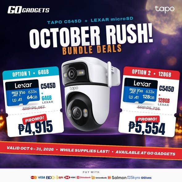 TAPO C545D + LEXAR microSD BUNDLE (Category: Security Systems & CCTV Cameras) located in Caloocan City. Submitted by kentsalvador31 (Listing ID 1468761799, Image 1). Description: TAPO C545D + LEXAR microSD BUNDLE Option 1 w/ Lexar 64GB: ₱4,915 Option 2 w/ Lexar 128GB: ₱5,554. Promo valid until October 31, 2026. Go Gadgets - Kawit Cavite 💬 Message us now for full specs & recommendations! 🔒 Suitable for: ✔ Homes ✔ Stores ✔ Offices ✔ Warehouses ✔ 