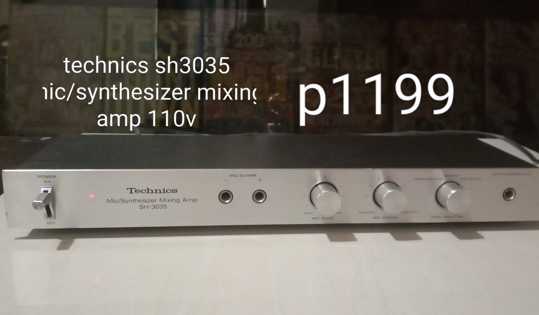 Technics SH-3035 Mic/Synthesizer Mixing Amp 110v (Category: Musical Instruments) located in Manila. Submitted by redvincent01640 (Listing ID 1468890363, Image 1). Description: Technics SH-3035 microphone and synthesizer mixing amplifier. Runs on 110v power. Includes front panel inputs for mics or guitars, mic echo control, mic mixing knob, tape monitor controls, and synthesizer/auxiliary input. Rear panel includes RCA jacks and AC outlet. Silver 
