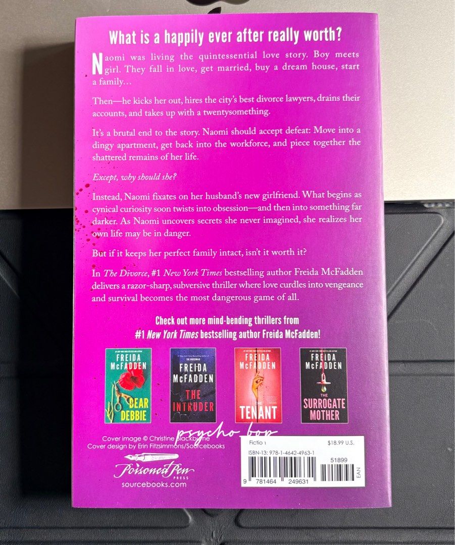 The Divorce By Freida McFadden Book (Category: Storybooks) located in Taguig. Submitted by psycho_bop.backup (Listing ID 1468815232, Image 2). Description: Previous acc: psycho_bop (https://carousell.app.link/Ay0h2SytxBb) ✨Still new ✨RFS: done reading 🚩DO NOT MESSAGE AND MAKE OFFER IF YOU’RE GOING TO GHOST US! 🚩 💸MOP: Gcash, Paymaya, Gotyme, Maribank, Unionbank If you have questions & clarification, feel free to message us 💖.