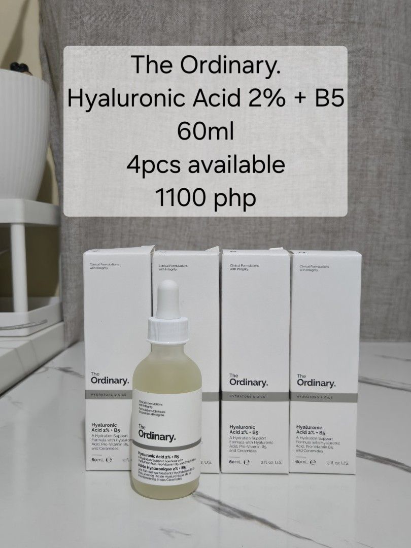 The Ordinary Hyaluronic Acid 60ml (Category: Face Care) located in Quezon City. Submitted by aisarang_u (Listing ID 1468882190, Image 1). Description: The Ordinary. Hyaluronic Acid 2% + B5 A Hydration support formula with Hyaluronic Acid, Pro-Vitamin B5 and Ceramides 60ml 4pcs available bought From Canada 1100 php 📍QC 💸MOP Gcash, Maribank, Gotyme 📦MOD JNT, Lalamove.