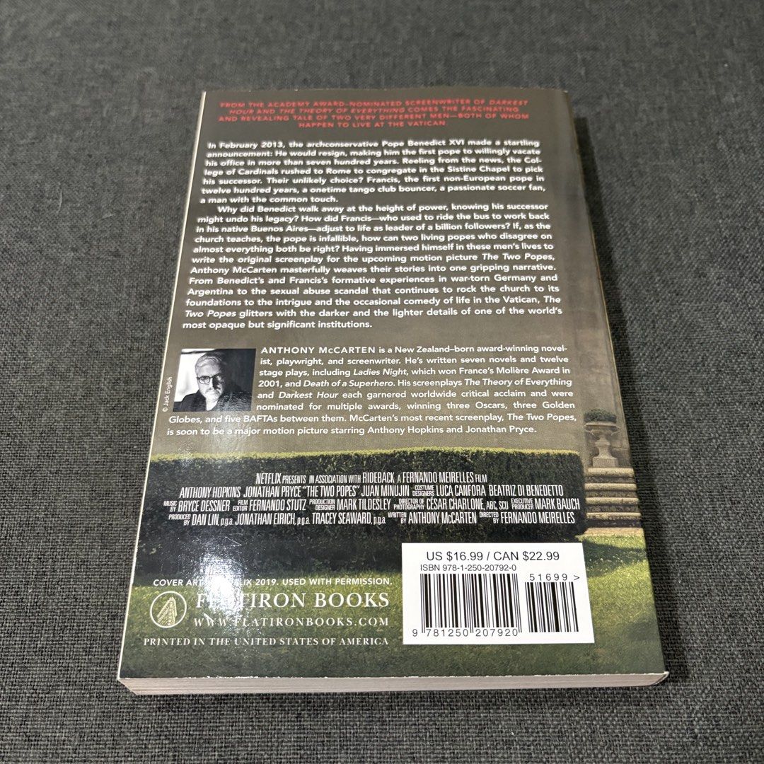 The Two Popes by Anthony McCarten (Category: Storybooks) located in Imus. Submitted by declutter201 (Listing ID 1468925640, Image 2). Description: Price: P200 Prio payo Location: Imus, Cavite MOP: BDO, Gcash, Maya, GoTyme MOD: GGX, J&T, SDD RFS: Decluttering You can message me for more details.