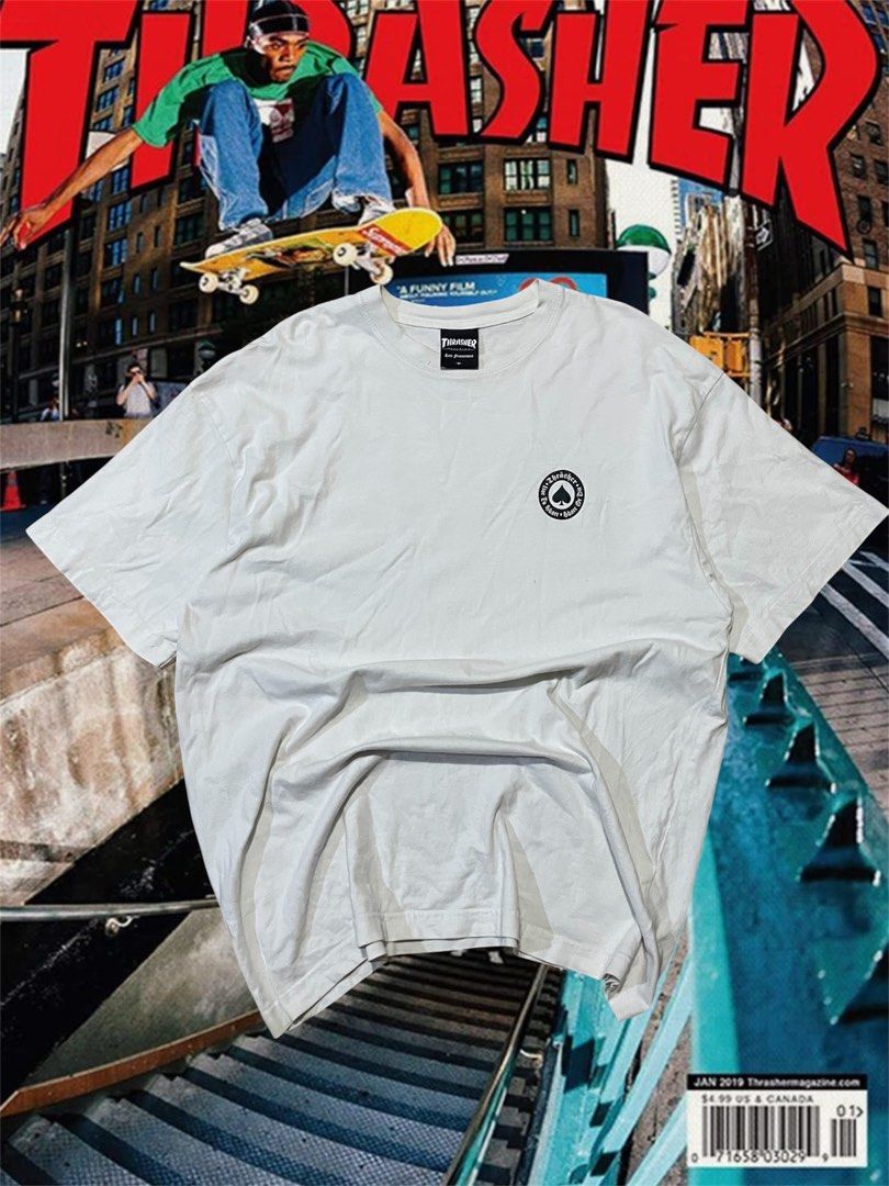 Thrasher white tee blue and red flame (Category: Tshirts & Polo Shirts ) located in Manila. Submitted by trueriver.3b37bc (Listing ID 1468875519, Image 2). Description: -dimes: 29x22 large to xl size - issue: repaired hole/ minimal flaws need wash -condition: excellent Asking: 200+sf.