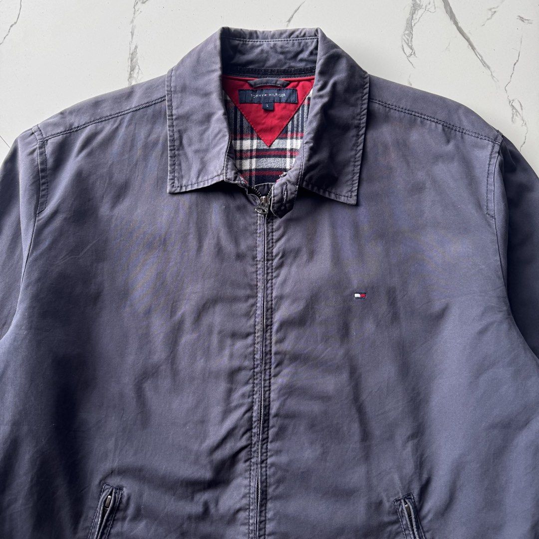 Tommy Hilfiger Flannel Lined Navy Harrington Jacket (Category: Coats, Jackets and Outerwear) located in Baguio. Submitted by retrophiletown (Listing ID 1468898395, Image 2). Description: Tommy Hilfiger Flannel Lined Navy Harrington Jacket Measurement in inches Width: 25 Length: 27 Issues: minor fade, scratch.