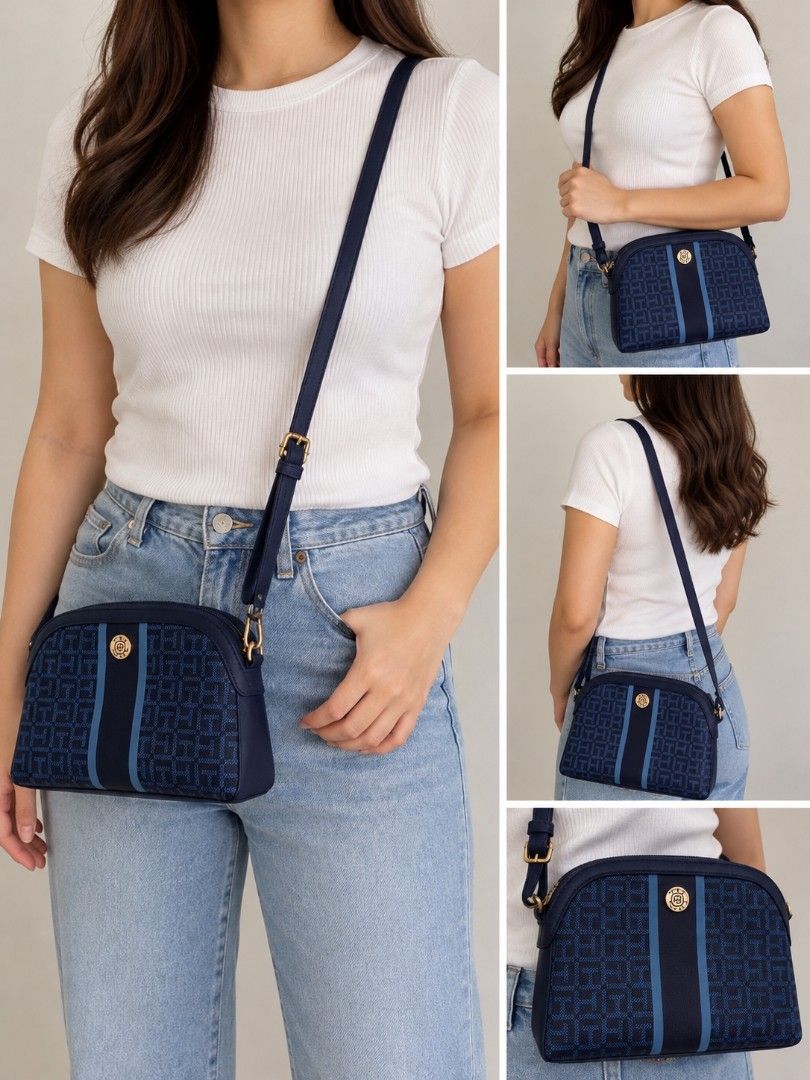 Tommy Hilfiger Monogram Blue Crossbody Bag (Category: Cross-body Bags) located in Muntinlupa City. Submitted by ladybossgemini (Listing ID 1468865646, Image 2). Description: - Authentic Tommy Hilfiger crossbody bag in stylish blue monogram shades - 8.5/10 condition - Adjustable shoulder strap with convenient lobster clasps - Dark fabric-lined interior with 1 zippered pocket (featuring a red pull tab) and 1 open slip pocket - clean inside -fits es