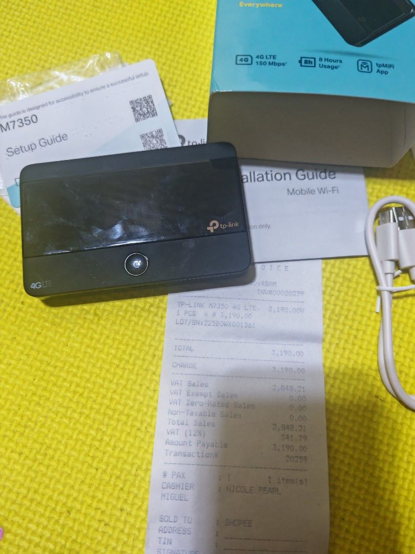 TP-Link M7350 4G LTE Mobile Wi-Fi (Category: Networking) located in Pasig City. Submitted by rilencer (Listing ID 1468929674, Image 3). Description: Good as new condition sobrang bihira lang nagamit 2 times lang ata or 3 benta nansayang naka stock labh- Brand: TP-Link M7350 4G LTE Mobile Wi-Fi Hotspot - Condition: Excellent, complete with original box, setup guides, charging cable, and receipt - Connectivity: Plug and play with any SIM card - Spe