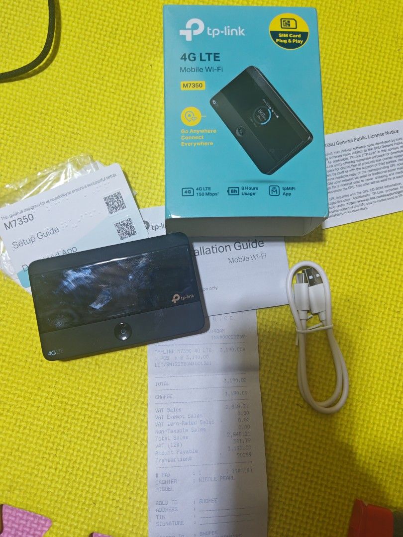 TP-Link M7350 4G LTE Mobile Wi-Fi (Category: Networking) located in Pasig City. Submitted by rilencer (Listing ID 1468929674, Image 2). Description: Good as new condition sobrang bihira lang nagamit 2 times lang ata or 3 benta nansayang naka stock labh- Brand: TP-Link M7350 4G LTE Mobile Wi-Fi Hotspot - Condition: Excellent, complete with original box, setup guides, charging cable, and receipt - Connectivity: Plug and play with any SIM card - Spe