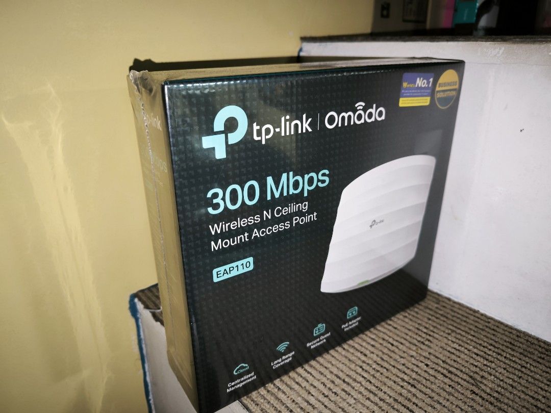 TP-Link Omada EAP110 Wireless N Ceiling Mount Access Point (Category: Networking) located in Quezon City. Submitted by icemage47 (Listing ID 1468723825, Image 2). Description: - Brand: TP-Link Omada EAP110 - Speed & Type: 300Mbps Wireless N Ceiling Mount Access Point - Condition: Brand new, sealed in box - Features: Cloud centralized management and SDN platform integration for scalability - Coverage: Long-range wireless coverage with a secure gue