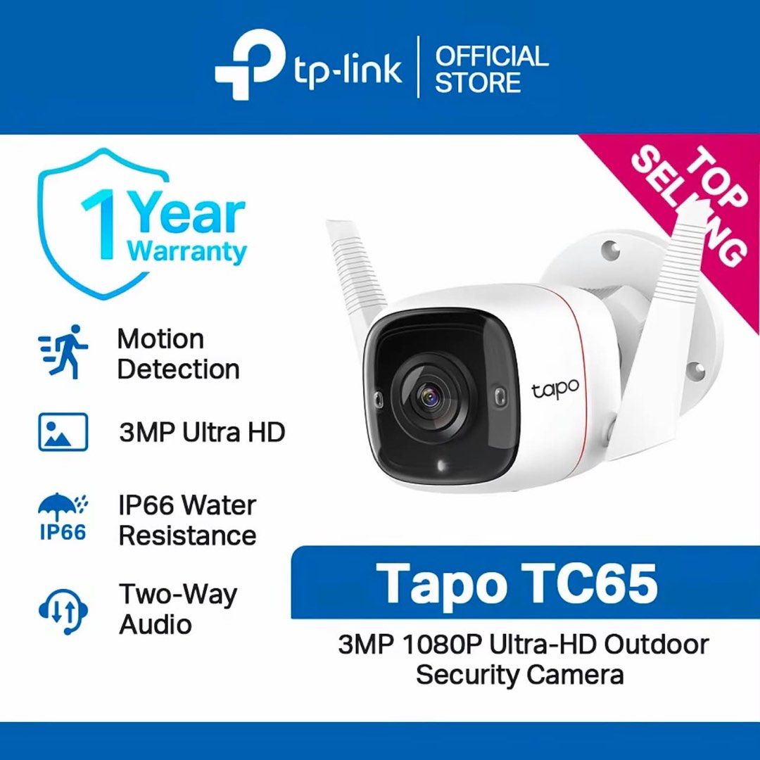 TP-Link Tapo TC65 3MP Outdoor Security Camera (Category: Security Systems & CCTV Cameras) located in Manila. Submitted by maeann.nv (Listing ID 1468765049, Image 1). Description: - Brand: TP-Link Tapo TC65 Outdoor Security Camera - Video Quality: 3MP 1080P Ultra-HD with night vision up to 98 feet - Audio: Built-in microphone and speaker for two-way communication - Durability: IP66 weather-resistant for reliable outdoor use - Smart Features: Motio