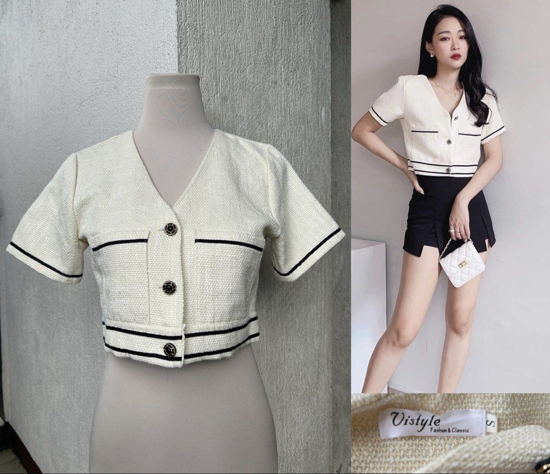 Tweed top (Category: Blouses) located in Pasig City. Submitted by j_clothingboutique (Listing ID 1468735540, Image 1). Description: Hq vneck tweed top ,ch*nel style Small size PAY YOUR SHIPPING FEE! 🌤COLOR MAY VARY DUE TO LIGHTING MUST BE READ ❗️ 🛍CHECK FIRST THE DESCRIPTIONS & MARKINGS OF THE ITEM BEFORE MAG MINE . ALWAYS BUY AT YOUR OWN RISK.(para iwas dal² pag hawak muna yung item) 🛍ALWAYS DOUBLE CHECK THE TAGS SO YOU CAN VERIFY THEIR AUTHE