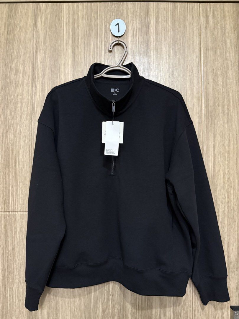 Uniqlo :C Sweat Half-Zip Pullover Black XL (Category: Coats, Jackets and Outerwear) located in Pasay City. Submitted by curatedclearout (Listing ID 1468755436, Image 2). Description: - Brand: Uniqlo:C - Style: Half-zip pullover with high collar - Color: Black - Size: XL (Bust: 91-97cm) - Material: 67% polyester, 33% cotton body with rib cuffs and hem - Condition: Brand new with original tags attached - RFS: Wrong size and cannot exchange due to p