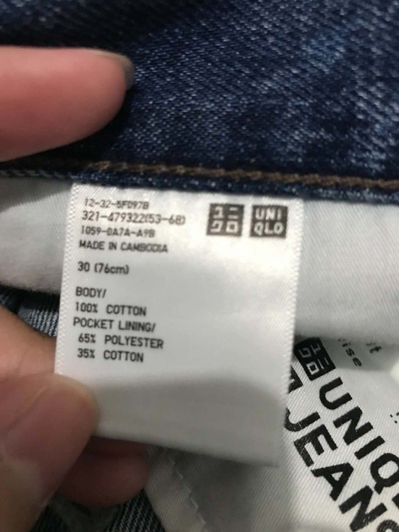 Uniqlo Denim Jeans Size 30 (Category: Jeans) located in Muntinlupa City. Submitted by royalstone.53e03d (Listing ID 1468882518, Image 2). Description: - Brand: Uniqlo - Color: Mid blue wash - Style: Straight fit, standard 5-pocket design with button closure and belt loops - Size: Tagged size 30 (76cm waist) - Material: 100% cotton (pocket lining: polyester-cotton blend) - Origin: Made in Cambodia.