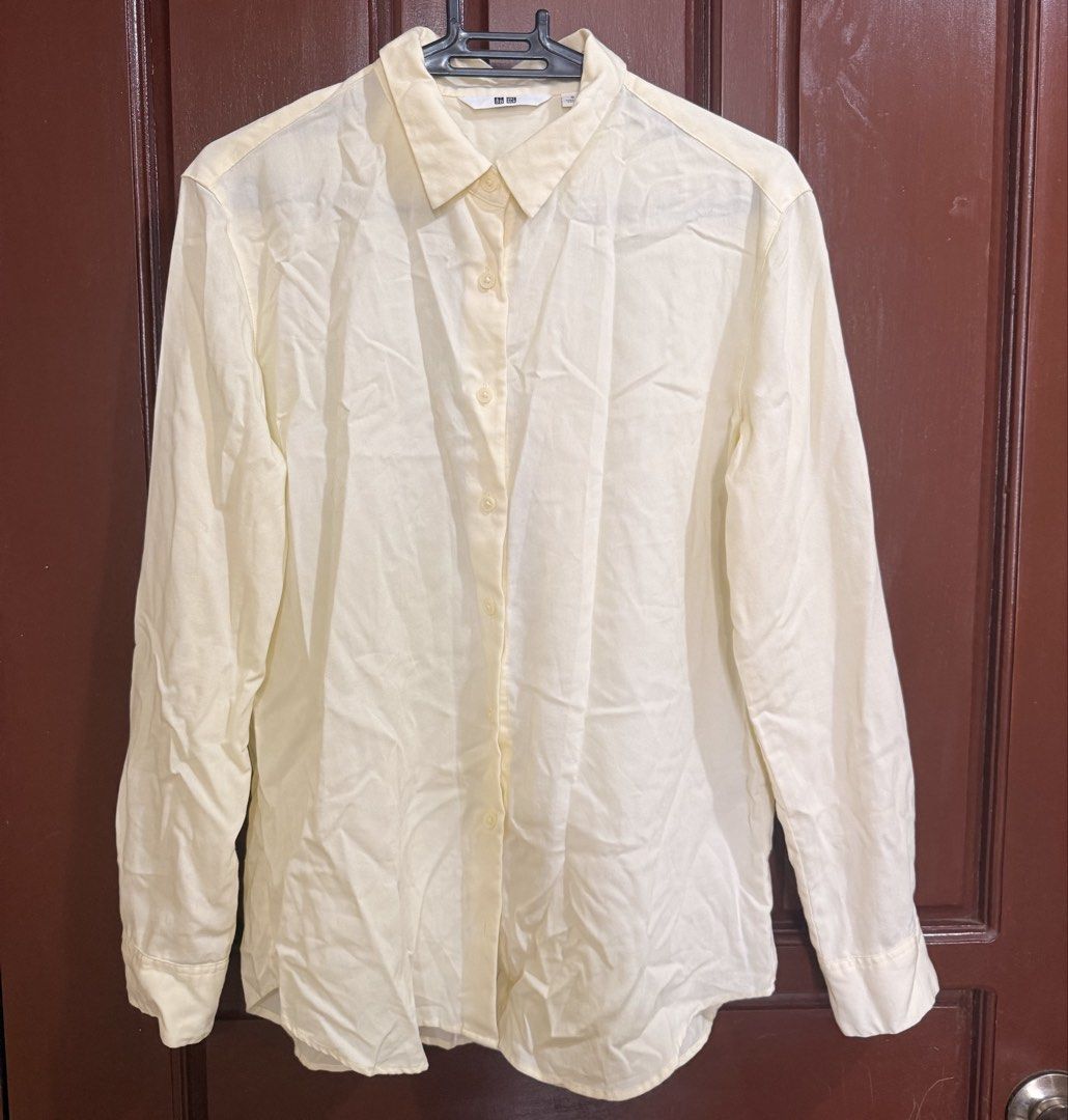 Uniqlo Rayon Long Sleeve Blouse SMALL (Category: Longsleeves) located in Marikina City. Submitted by wearism (Listing ID 1468766126, Image 1). Description: 100% original Uniqlo. AVAILABLE UNTIL POSTED LAST PRICE POSTED Size: Small Fit: Relaxed Color: Yellow (pastel) No when worn photo Location: Santo Niño, Marikina Shipping via J&T c/o buyer (NCR Php60) Can arrange via Lalamove c/o buyer. GOtyme/BDO payment..