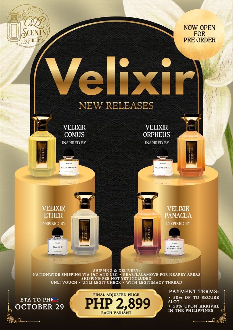 Velixir New Releases Price Update (Category: Fragrance & Deodorants) located in Quezon City. Submitted by cqpscentsbyphilip (Listing ID 1468820507, Image 1). Description: 📢 PRICE UPDATE | VELIXIR NEW RELEASES Due to a recent price increase from our supplier, we have adjusted our selling prices accordingly. ✅ Customers with confirmed down payments will still enjoy the OLD PRICE. ✅ Customers without down payments will be subject to the NEW PRICE o
