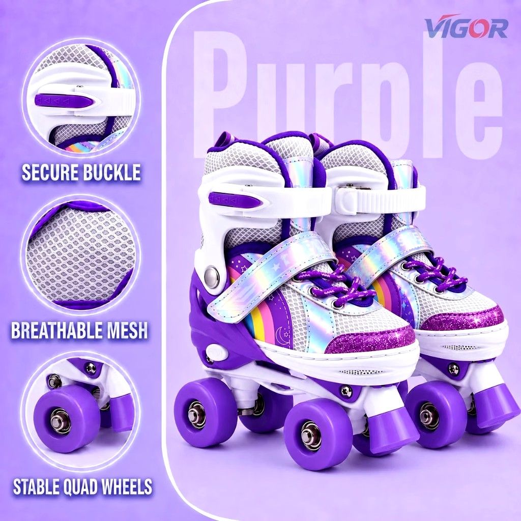 Vigor Kids Adjustable Quad Roller Skates Purple Rainbow (Category: Skates, Rollerblades & Scooters) located in Manila. Submitted by myxstyle27 (Listing ID 1468883543, Image 1). Description: Brand New size M 35-38 Vigor quad roller skates in purple with rainbow design. Adjustable sizing across multiple ranges. Secure buckle closure, velcro strap, and nylon laces. Breathable mesh upper keeps feet cool. Stable quad wheels for smooth rolling indoors 