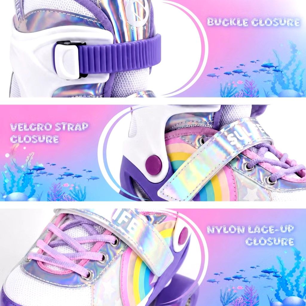 Vigor Kids Adjustable Quad Roller Skates Purple Rainbow (Category: Skates, Rollerblades & Scooters) located in Manila. Submitted by myxstyle27 (Listing ID 1468883543, Image 2). Description: Brand New size M 35-38 Vigor quad roller skates in purple with rainbow design. Adjustable sizing across multiple ranges. Secure buckle closure, velcro strap, and nylon laces. Breathable mesh upper keeps feet cool. Stable quad wheels for smooth rolling indoors 