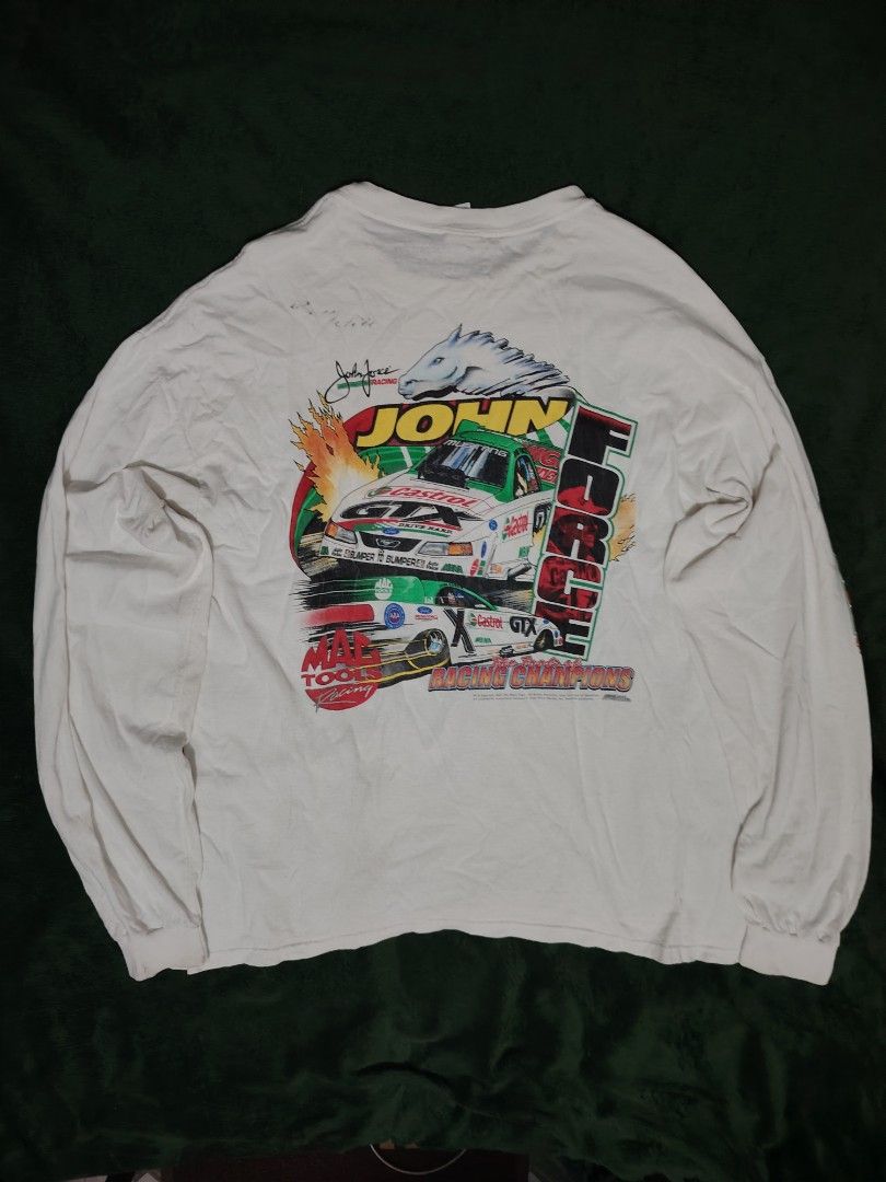 Vintage 2001 John Force Racing Mac Tools Long Sleeve Tee (Category: Tshirts & Polo Shirts ) located in Manila. Submitted by juniowr (Listing ID 1468719195, Image 1). Description: - Vintage 2001 John Force Racing long sleeve t-shirt - Size: XL (Anvil tag) - Color: White - Material: Pre-shrunk 100% cotton - Design: Graphic prints on front chest, back, and sleeve - Condition: Rare vintage find, great for drag racing fans and collectors.