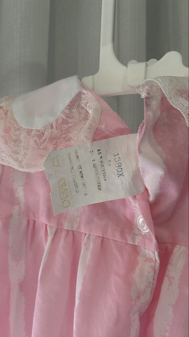 vintage dress ✿ (Category: Babies & Kids Fashion) located in Manila. Submitted by louiesalvador (Listing ID 1468717139, Image 3). Description: size: 24 months on tag, but runs small. fits 6-9 months, can fit til 12 if petite (estimated) • brand: unknown • like new • pastel pink and white stripes • rounded collar with delicate lace • two tiny pink rosettes attached on the collar • pink satin ribbon at the center of the neckline.