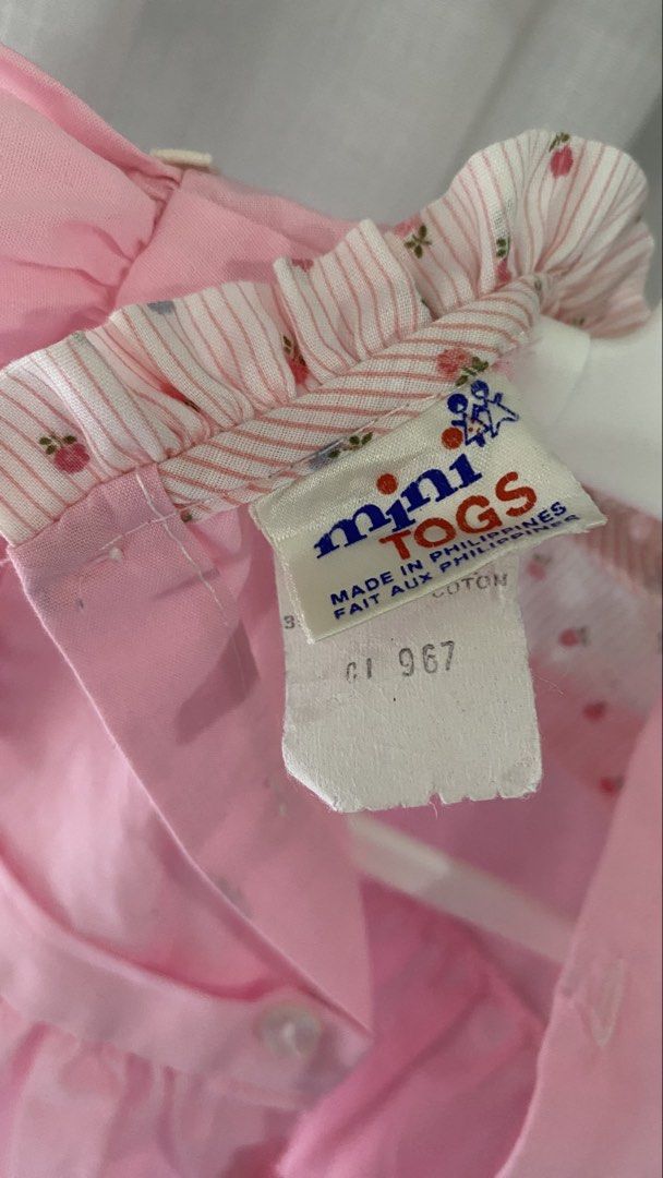 vintage dress ✿ (Category: Babies & Kids Fashion) located in Manila. Submitted by louiesalvador (Listing ID 1468717425, Image 3). Description: size: 12 months on tag • brand: mini togs • like new • pastel pink and white striped base fabric with floral prints • built-in bubblegum pink apron • embroidered wagon with small flowers.