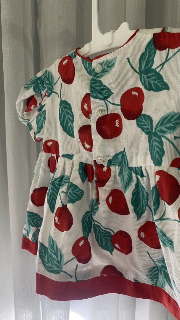 vintage inspired cherry dress 🍒 (Category: Babies & Kids Fashion) located in Manila. Submitted by louiesalvador (Listing ID 1468717426, Image 3). Description: size: 3-6 months (estimated) • brand: unknown • like new • embroidered cherry • vibrant red cherry and green leaves print scattered across the entire dress • large red bow at the center of the waist • soft corduroy.