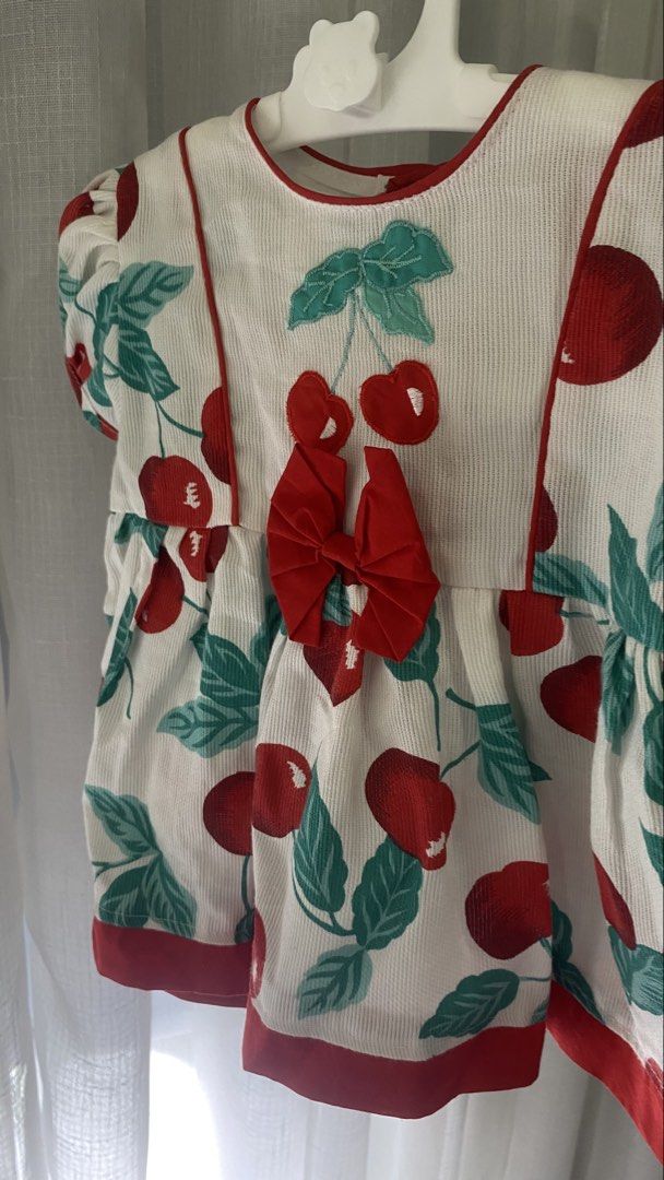 vintage inspired cherry dress 🍒 (Category: Babies & Kids Fashion) located in Manila. Submitted by louiesalvador (Listing ID 1468717426, Image 2). Description: size: 3-6 months (estimated) • brand: unknown • like new • embroidered cherry • vibrant red cherry and green leaves print scattered across the entire dress • large red bow at the center of the waist • soft corduroy.