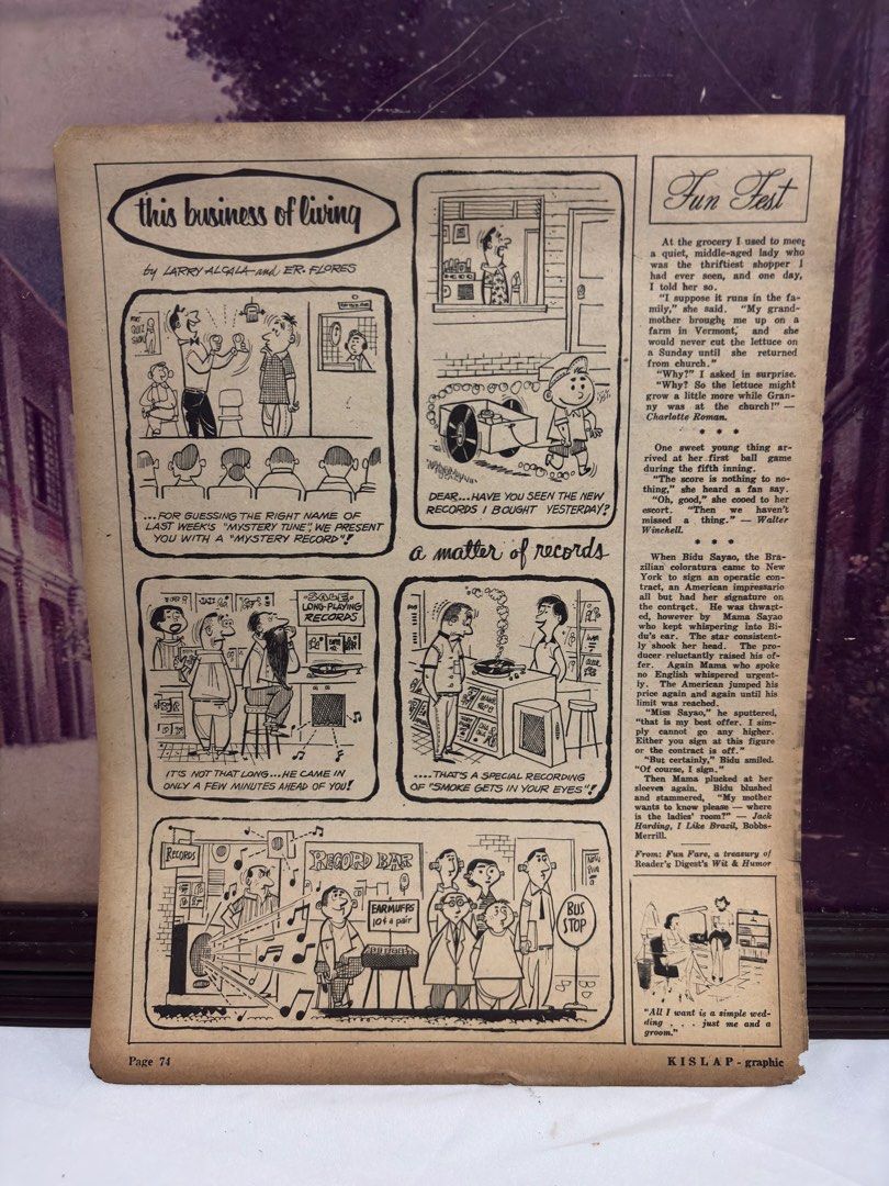 TAKE ALL Vintage Comic Pages by Larry Alcala (Category: Comics & Manga) located in Manila. Submitted by iamrich110502 (Listing ID 1468808445, Image 2). Description: - Rare vintage comic pages from Kislap graphic - Features artwork by Philippine comic legends Larry Alcala and ER Flores - Includes classic sections: This Business of Living, Fun Fest, and Mga Salawikain ni Lolo Brigido - Condition: Shows age yellowing and minor wear around the edges 