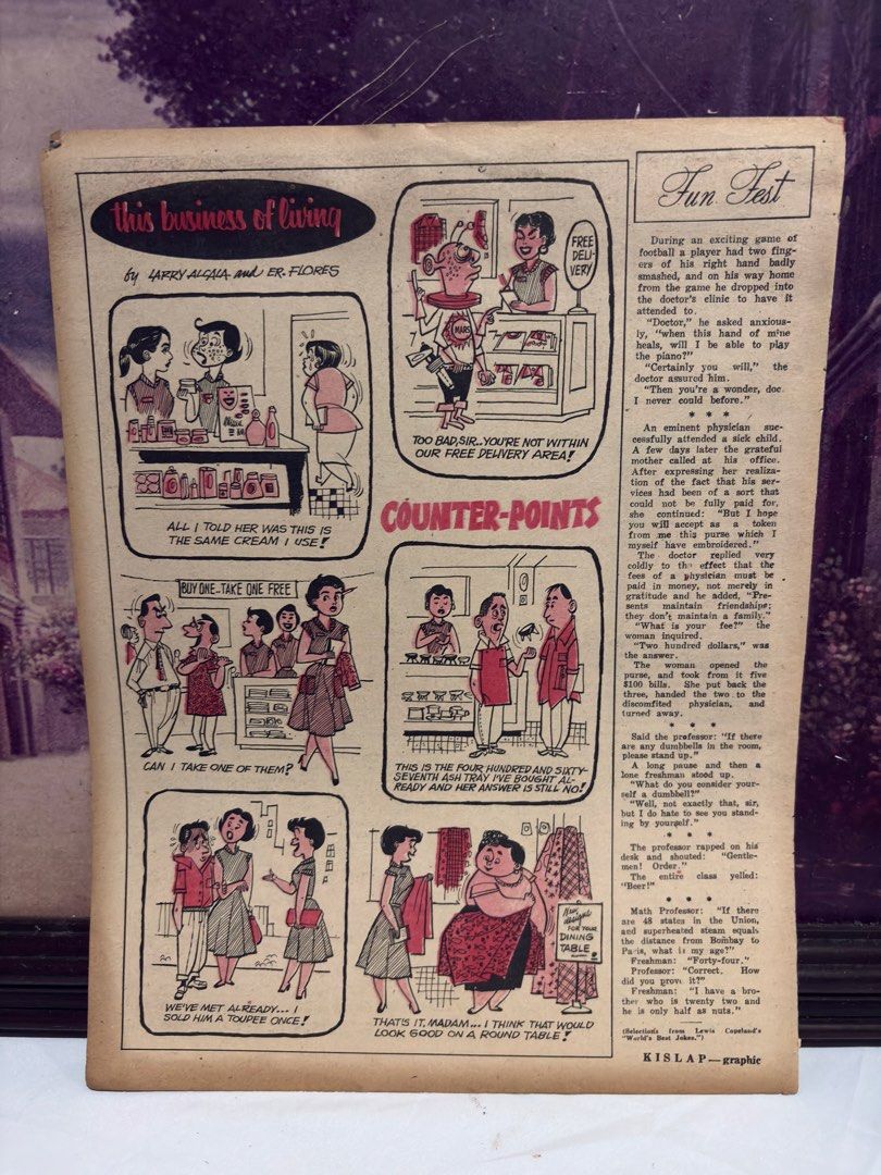 TAKE ALL Vintage Comic Pages by Larry Alcala (Category: Comics & Manga) located in Manila. Submitted by iamrich110502 (Listing ID 1468808445, Image 3). Description: - Rare vintage comic pages from Kislap graphic - Features artwork by Philippine comic legends Larry Alcala and ER Flores - Includes classic sections: This Business of Living, Fun Fest, and Mga Salawikain ni Lolo Brigido - Condition: Shows age yellowing and minor wear around the edges 