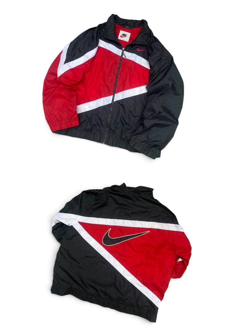 Vintage nike windbreaker (Category: Coats, Jackets and Outerwear) located in Manila. Submitted by thrift_tg (Listing ID 1468918227, Image 1). Description: Vintage 90’s Nike Windbreaker Red / Black / White - Bulls Colorway Dimes: 26/28 Size: XL on tag Color rate: 9/10 Condition: 7.5/10 to 8/10 Issues: • Loose ribbing (maluwag na cuffs/hem - common sa vintage) • Loose stitching on big swoosh back embroidery - may konting slice/tanggal tahi sa white