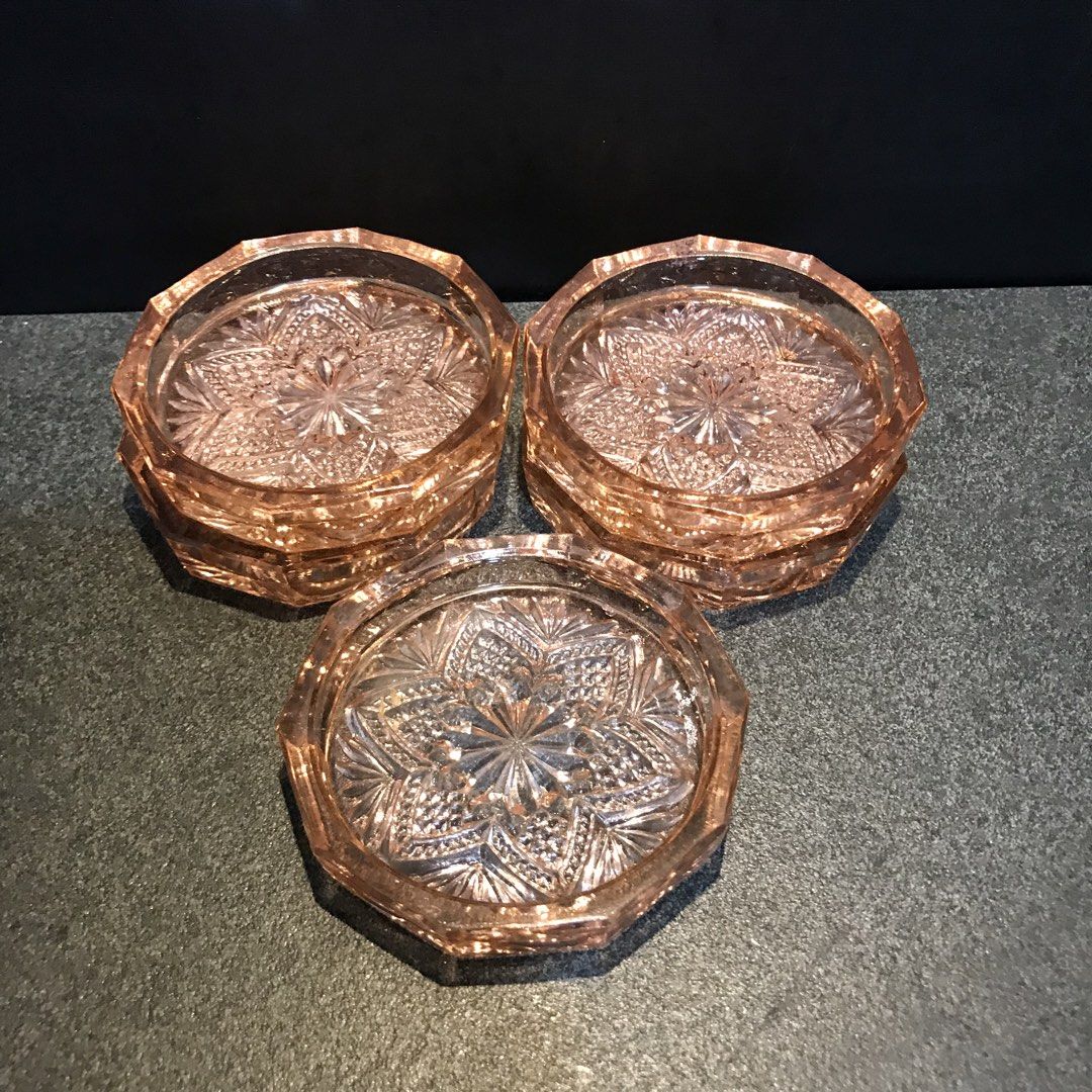 Vintage Pink Depression Glass Pressed Pattern Coasters Set (Category: Dinnerware & Cutlery) located in Baao. Submitted by all.things.japan (Listing ID 1468749154, Image 2). Description: - Set of 5 beautiful pink pressed glass coasters - Chic octagonal shape with intricate starburst pattern - Heavy and solid vintage glassware - Perfect for coffee tables, dining sets, or home styling - Message for inquiries or fast shipping!.