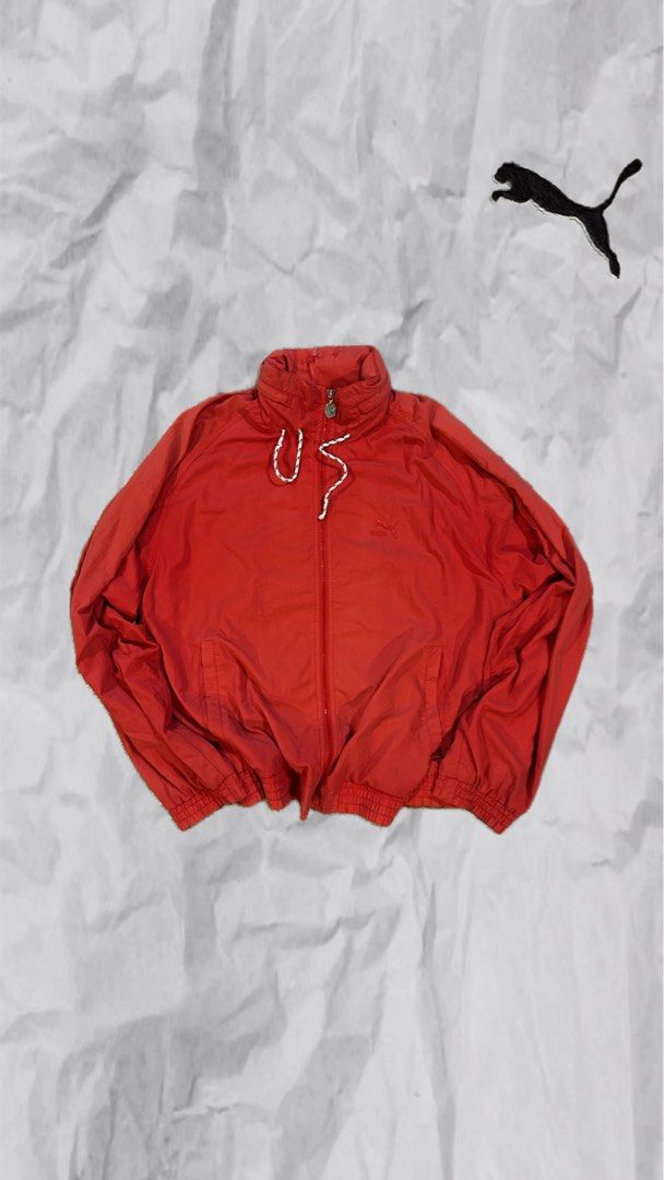 Vintage Puma Red Windbreaker Jacket Size S (Category: Coats, Jackets and Outerwear) located in Manila. Submitted by 144thrift_shits (Listing ID 1468729217, Image 1). Description: Puma Windbreaker Fleece Size on tag:none Dimes: 24x27 Color Rate:8.5/10 Condition: 8.5/10 Issue: minimal distressed on neck (unnoticeable) 🏷️: 450 + sf.