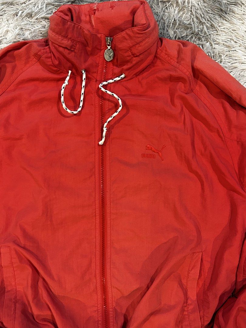 Vintage Puma Red Windbreaker Jacket Size S (Category: Coats, Jackets and Outerwear) located in Manila. Submitted by 144thrift_shits (Listing ID 1468729217, Image 2). Description: Puma Windbreaker Fleece Size on tag:none Dimes: 24x27 Color Rate:8.5/10 Condition: 8.5/10 Issue: minimal distressed on neck (unnoticeable) 🏷️: 450 + sf.
