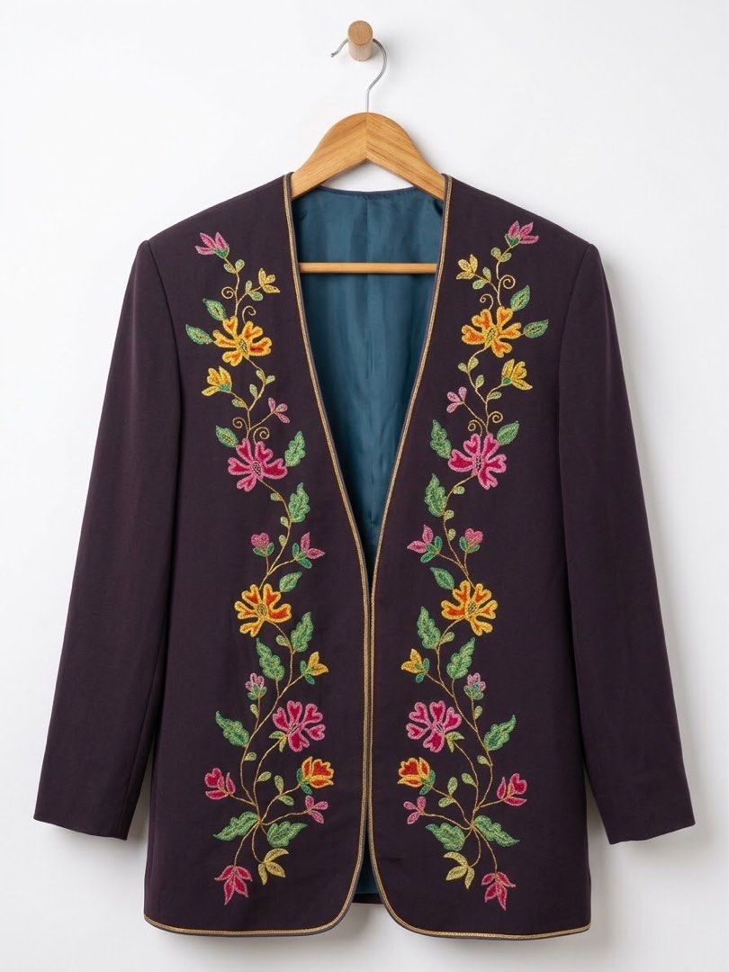Vintage Purple Floral Embroidered Jacket (Category: Coats, Jackets and Outerwear) located in Manila. Submitted by allymargret (Listing ID 1468761083, Image 1). Description: - Color: Deep purple with a vibrant blue inner lining - Details: Floral embroidery in front - Fit & Style: Long sleeves, clean back silhouette, and a single button closure near the collar - Condition: Great overall condition, unique statement piece - Reason for selling: Unload