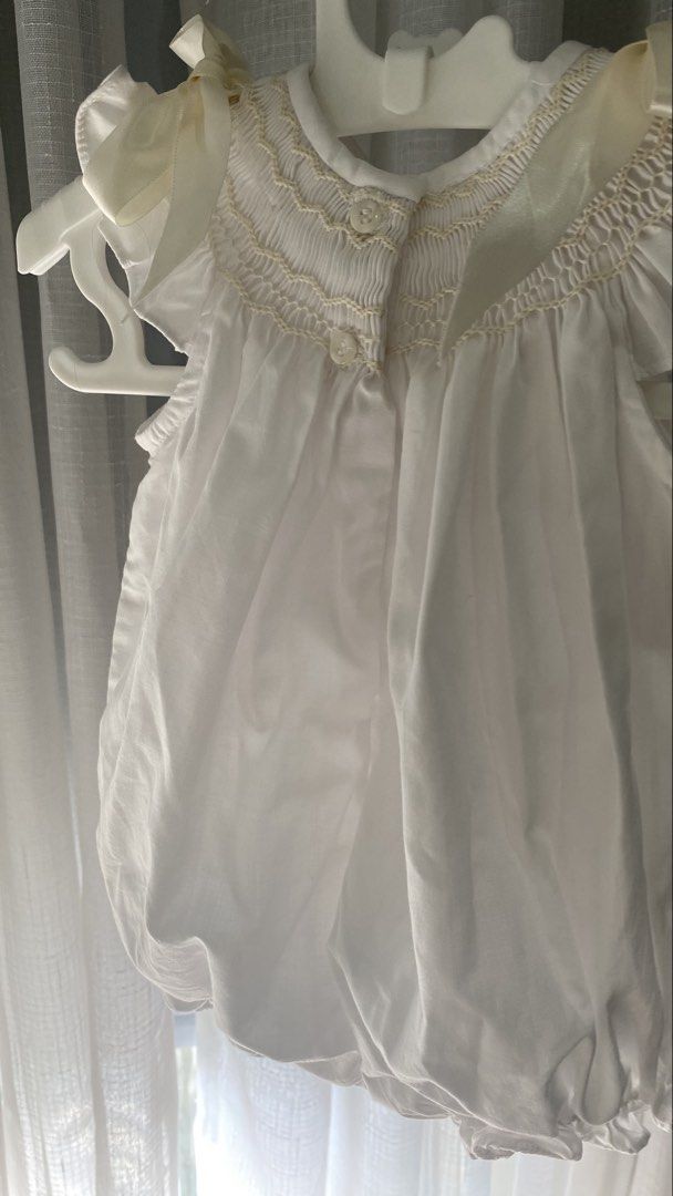 vintage smocked romper ✿ (Category: Babies & Kids Fashion) located in Manila. Submitted by louiesalvador (Listing ID 1468718844, Image 3). Description: size: 3-6 months (estimated) • brand: cut tag • like new • elegant white color • bubble/balloon style • satin ribbon on both shoulder.