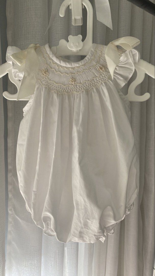 vintage smocked romper ✿ (Category: Babies & Kids Fashion) located in Manila. Submitted by louiesalvador (Listing ID 1468718844, Image 1). Description: size: 3-6 months (estimated) • brand: cut tag • like new • elegant white color • bubble/balloon style • satin ribbon on both shoulder.