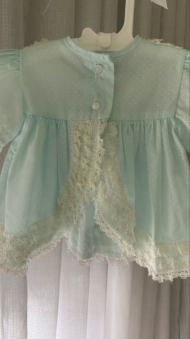 vintage top/dress ✿ (Category: Dresses) located in Manila. Submitted by louiesalvador (Listing ID 1468718846, Image 3). Description: size: 0-6 months on tag • like new • brand: cutest one • off white laces with subtle white polka dots • dainty pink & white flowers on both sides • split-back.