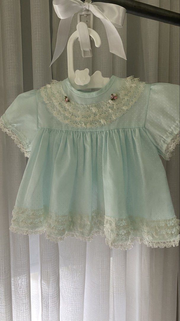 vintage top/dress ✿ (Category: Dresses) located in Manila. Submitted by louiesalvador (Listing ID 1468718846, Image 1). Description: size: 0-6 months on tag • like new • brand: cutest one • off white laces with subtle white polka dots • dainty pink & white flowers on both sides • split-back.