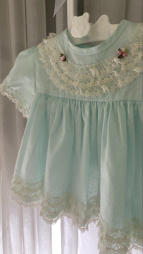 vintage top/dress ✿ (Category: Dresses) located in Manila. Submitted by louiesalvador (Listing ID 1468718846, Image 2). Description: size: 0-6 months on tag • like new • brand: cutest one • off white laces with subtle white polka dots • dainty pink & white flowers on both sides • split-back.